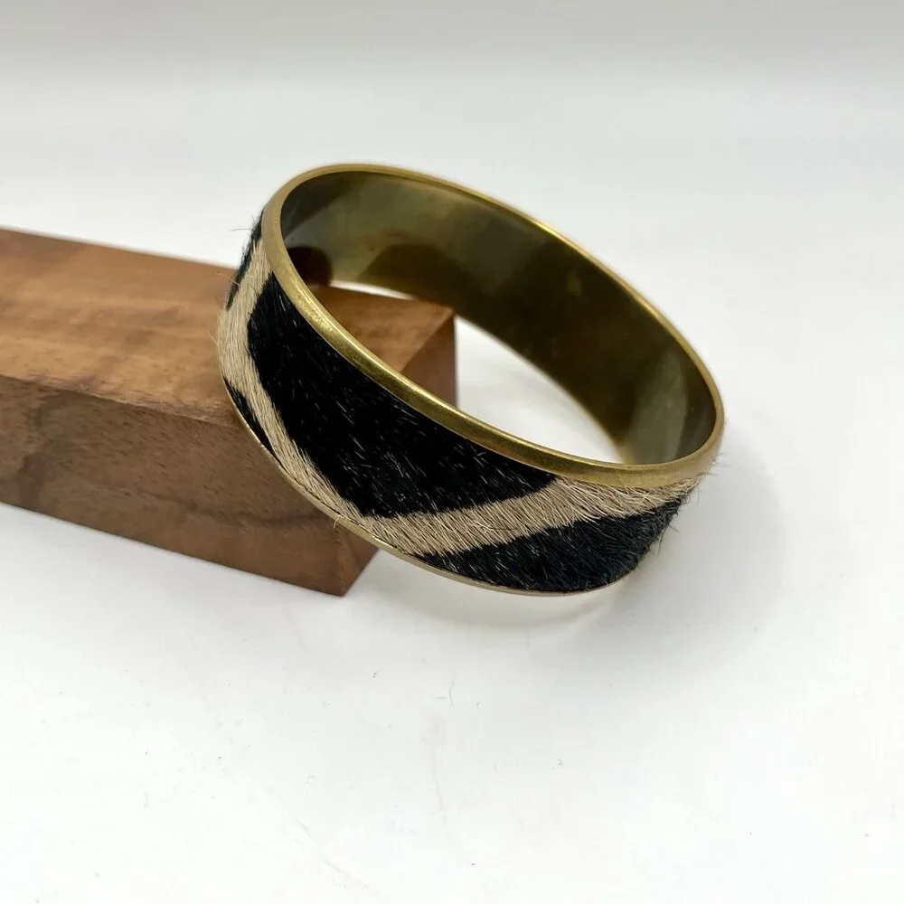 Cowhide Hair On Bangle Bracelet Gold Tone Brass Boho Western Zebra Safari Retro